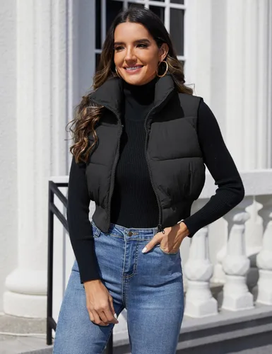 Miniatura 2 de Dqbeng Chaleco acolchado de moda para mujer, con cremallera completa, sin mangas, con relleno