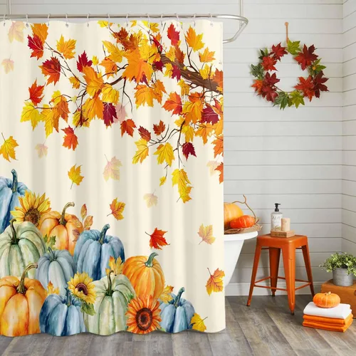 Miniatura 8 de Cortina de ducha de otoño con hojas de arce y ganchos, tela de poliéster impermeable, cosecha de Acción de Gracias, calabaza, girasol, juego