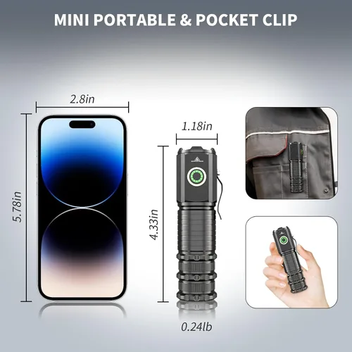 Miniatura 6 de Wind&Moon Linterna Mini de Altos Lúmenes Recargable, Linternas de Bolsillo Súper Brillantes, Luz Táctica EDC con Magnética, 5 Modos, USB-C, Compacta