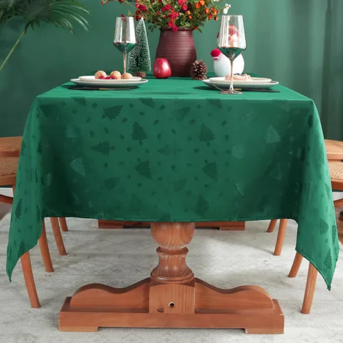 Miniatura 3 de Honellaty Mantel Verde de Navidad, Tela Jacquard con Patrón de Árbol de Navidad Mantel Rectangular, Mantel de Damasco para Mesas Rectangulares