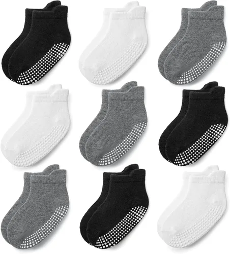 JAKIDAR Calcetines Antideslizantes para Bebés y Niños Pequeños 9 Pares Calcetines de Algodón con Agarre en el Tobillo para Niños Niñas Bebés Niños