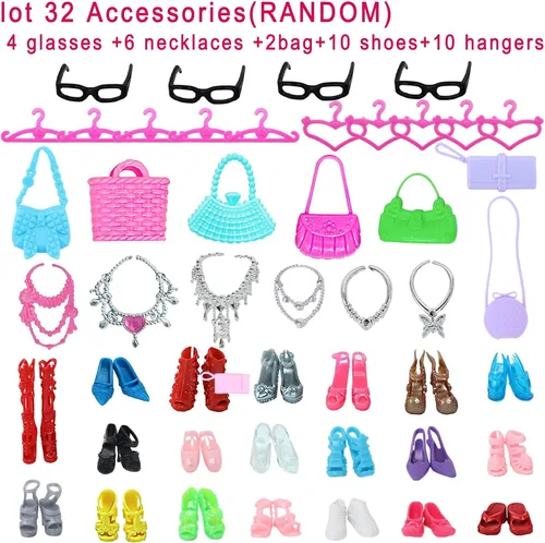 Miniatura 4 de 42 piezas de ropa y accesorios para muñecas, incluyendo 10 mini vestidos de moda, 32 piezas, zapatos, gafas, collares, bolsos, ganchos accesorios