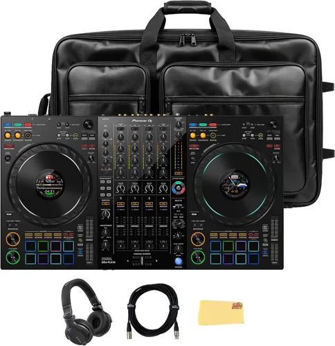 Pioneer DJ DDJ-FLX10 Controlador profesional de DJ de 4 canales, paquete negro con funda de transporte, auriculares HDJ-CUE1, cable XLR y paño de