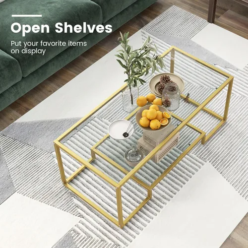 Miniatura 4 de NAFORT Mesa de centro de cristal templado, mesa central moderna rectangular dorada de 45 pulgadas con estante de almacenamiento inferior