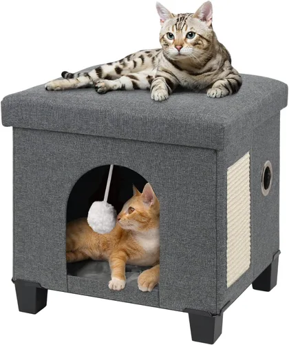 BRIAN & DANY Casa plegable para gatos, cueva para gatos, cubo para gatos con tablero de rascar y bola, 14.7 x 14.1 x 12.7 pulgadas, gris