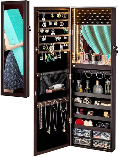 Luxfurni - Joyero con espejo y 79 luces LED, gabinete para colgar en la pared o en la puerta, organizador con cerradura y cajones - Marrón