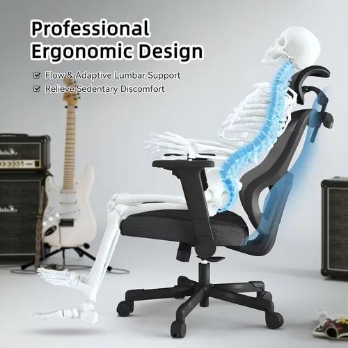 Miniatura 4 de Silla ergonómica de oficina reclinable para juegos, soporte lumbar ajustable, reposabrazos 6D, reposacabezas de malla transpirable, giratorias, Negro