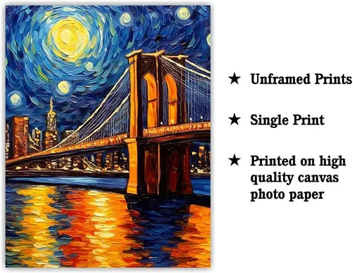 Miniatura 2 de Bestbuddy Pet 8X10 Sin Marco Noche Estrellada Inspirado Puente de Brooklyn Monumento de Nueva York Famosa Arquitectura Tour Mundial Pintura al óleo