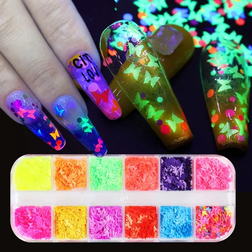 Lentejuelas de uñas de mariposa 3D de 12 colores, mariposas luminosas, diseño de arte de uñas, mariposas holográficas con forma de copos para