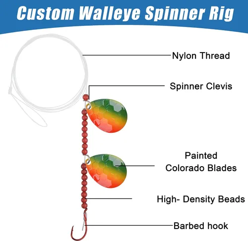 Miniatura 2 de Walleye Spinner Rig Kit, paquete de 5 arneses sobre orugas Walleye Rig pre-aparejado plataformas de cebo vivo Colorado spinners cuchillas giratorias