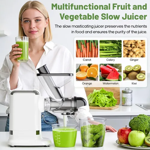 Miniatura 4 de GVODE Exprimidor de prensa en frío, potente exprimidor de masticación con canal de alimentación doble, exprimidor eléctrico con separación de pulpa
