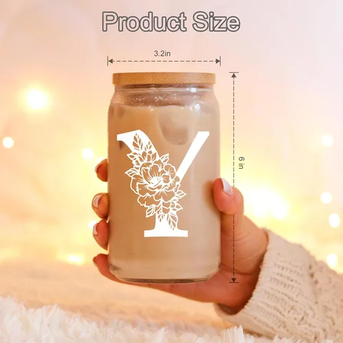 Miniatura 5 de Taza de Vidrio Inicial Coolife, Regalos Personalizados con Monograma para Mujeres, Tazas de Vidrio de 16 oz con Tapas y Popotes, Taza de Café