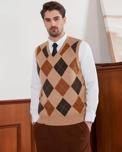 Miniatura 2 de Kallspin Suéter tipo chaleco con rombos para hombre, mezcla de lana, cuello en V, sin mangas