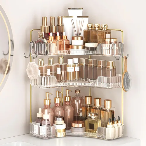 Miniatura 10 de Organizador de esquina para encimera de baño, organizador de baño de 2 niveles y encimera de almacenamiento con ganchos, cuidado de la piel