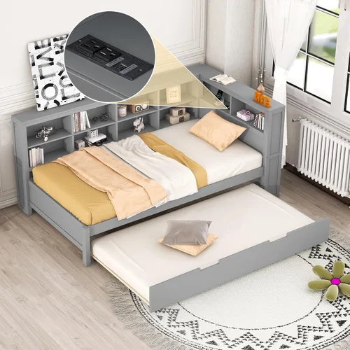 Miniatura 22 de HomSof Cama individual con 2 cajones, madera maciza, no necesita somier, gris