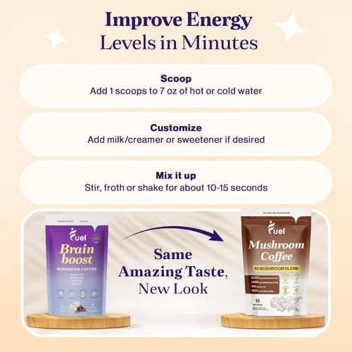 Miniatura 2 de Fuel Nutrition Café instantáneo orgánico con colágeno y hongos, café instantáneo orgánico bajo en cafeína, 15 porciones