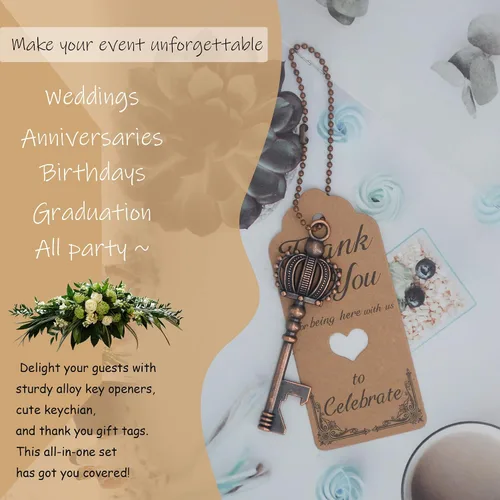 Miniatura 6 de 100 unidades de abrebotellas para bodas, recuerdos de fiesta, llaves de esqueleto de corona para cumpleaños, aniversario, fiesta, regalos de Cobre