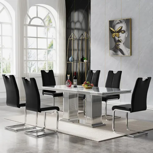 Miniatura 26 de 5 Piece Black Marble Dining Table Set for 4, Modern Faux Marble Kitchen Dining Room Tables with 4 Leather Chairs Set, 68.11" Luxury Rectangular