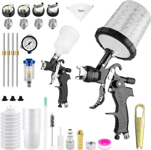 HVLP Kit de pistola de pulverización de aire, 2 pistolas de pintura en aerosol, 0.8/0.039 in, 4.2 fl oz y 1.4/0.067 in 20.3 fl oz pistola de pintura