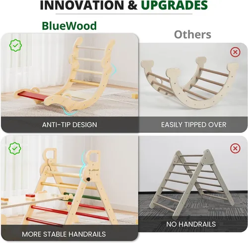 Miniatura 5 de BlueWood Conjunto de Triángulo Pikler, Juguetes de Escalada de Madera para Niños Pequeños para Interiores, Escalador Plegable 7 en 1 para Niños