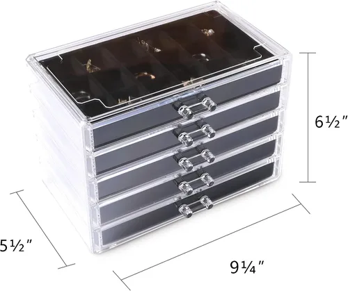 Miniatura 2 de Frebeauty Organizador de joyas de acrílico, caja organizadora de aretes con 5 cajones, organizador de aretes con bandejas de terciopelo, caja