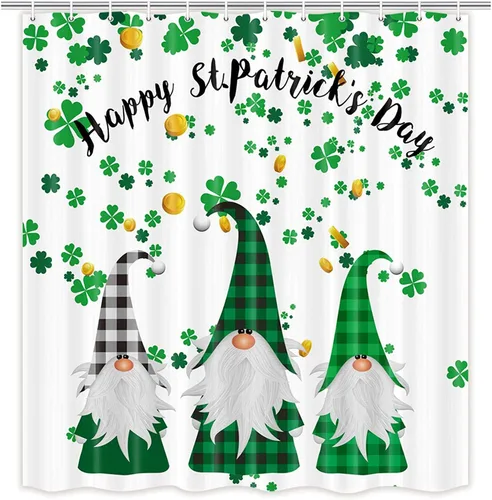 Miniatura 10 de MERCHR Cortina de ducha del día de San Patricio, trébol verde, hoja de trébol, diseño de elfo irlandés, gnomo irlandés, tela decorativa a cuadros