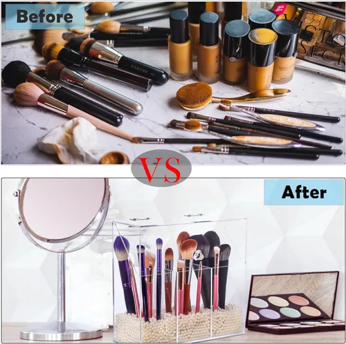 Miniatura 2 de LOHRYVIO Soporte acrílico para brochas de maquillaje con tapa abatible inclinada, organizador de brochas de maquillaje transparente a prueba