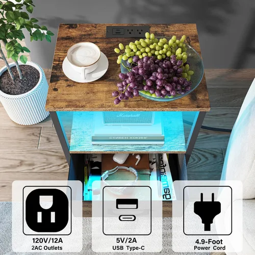 Miniatura 4 de TUTOTAK Mesita de noche LED con estación de carga, mesita de noche grande con puerto USB y Type-C, mesa de noche con cajones de tela, mesa auxiliar