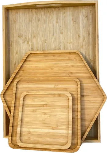 Miniatura 12 de Bandejas de bambú con tablas de cortar 16.5"x11.8" (42x30cm con asa, el set incluye platos de 0.63" (1.6cm) de grosor 1xHexágono 12.5" (32cm) +
