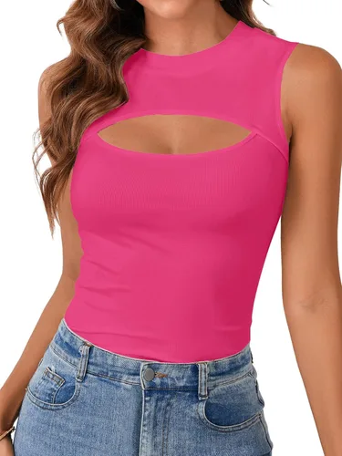 Miniatura 8 de Vrtige Camiseta sin mangas sexy con cuello redondo para mujer, de punto acanalado, sin mangas, ajustada