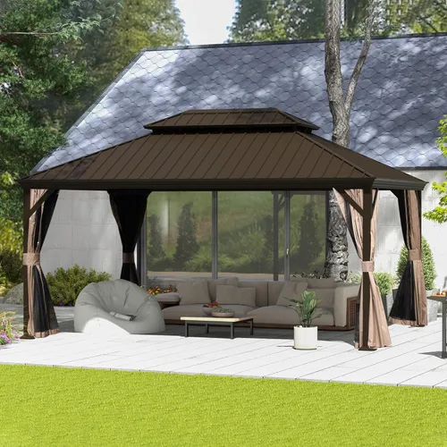 Miniatura 28 de Domi - Cenador permanente de metal con techo rígido de 8 x 8 pies, con doble techo de acero galvanizado, cortinas y malla para fiestas, bodas, Gris