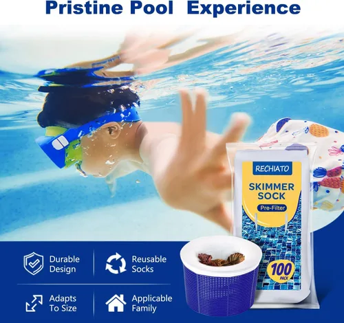 Miniatura 2 de Paquete de 100 calcetines de piscina para filtros de piscina, filtros de cestas y desnatadores para filtrar desechos y hojas, sistema de filtro