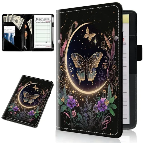 Miniatura 16 de Libreta para mesera, color negro, de 5 x 7.75 pulgadas, con cremallera y soporte para bolígrafo, libro de camarera para tarjetas de crédito, Setas