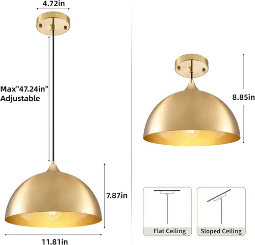 Miniatura 2 de Lámpara Colgante Industrial Electrochapada en Oro de 11.8 pulgadas, Paquete de 2, Lámparas Colgantes de Metal para Isla de Cocina, Lámpara Colgante