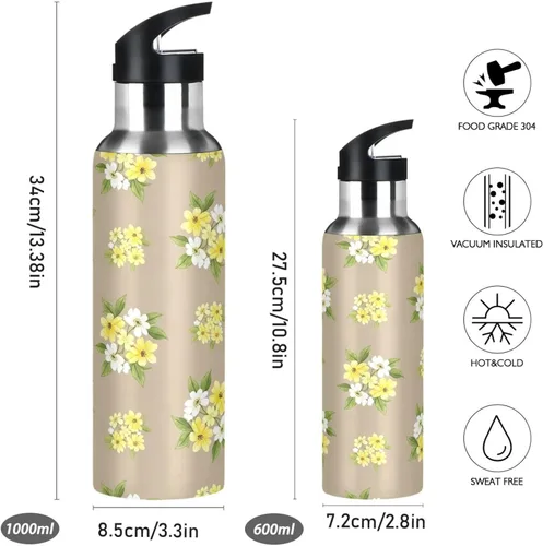 Miniatura 2 de Stainless Steel Vacuum Insulated Water Bottle 20 Oz, Leakproof Water Bottles for Gym Outdoor Travel School, Yellow White Flowers Beige