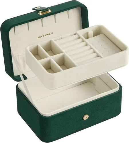Miniatura 16 de SONGMICS Caja organizadora de joyas, estuche de viaje de 2 capas para aretes, collares, pulseras, almacenamiento portátil de joyas con gran Verde