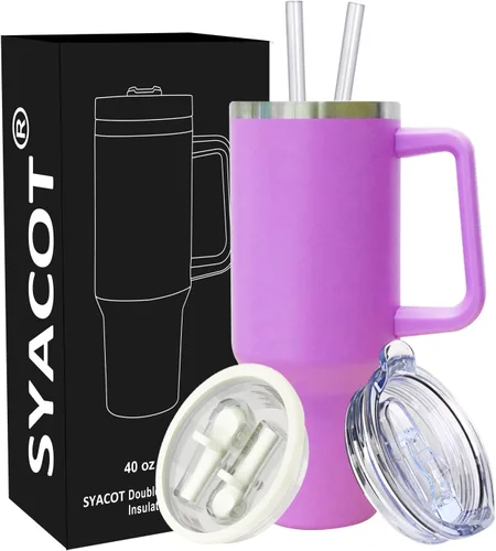 Miniatura 12 de SYACOT Vaso de 40 onzas con asa y pajita, vaso aislado de acero inoxidable, tapa a prueba de fugas y tapa con pajilla, taza de café de viaje