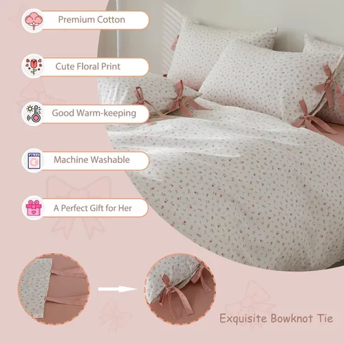 Miniatura 6 de MKXI Juego de ropa de cama con diseño de corbata de moño linda y rayas de flores rosas, tamaño individual, de algodón - Funda de edredón