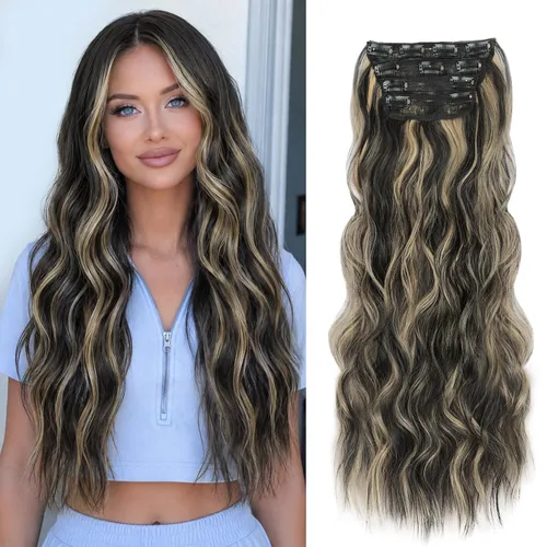 Miniatura 48 de ALXNAN Extensiones de cabello sintético largo y ondulado con clip, de 16 pulgadas, color negro natural, 4 piezas gruesas, fibra de doble trama
