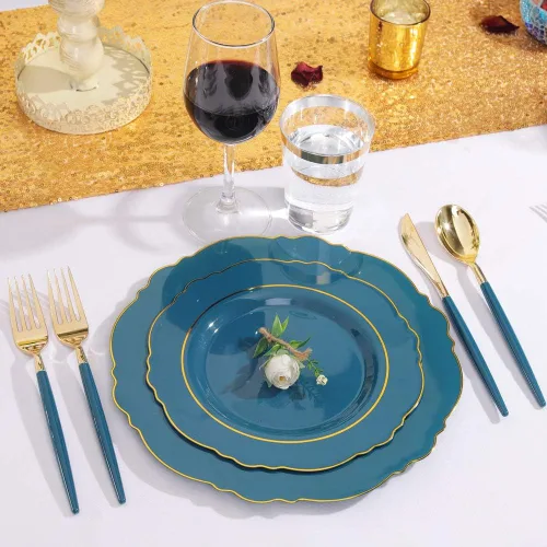 Miniatura 5 de NERVURE - 102 platos de plástico dorados, diseño de cristal transparente, desechables, para fiestas de boda; incluye 51 platos de plástico para cena