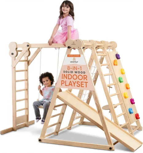 Miniatura 10 de Avenlur Juego de juego interior 7 en 1 para niños de 2 a 6 años con tobogán, pared de escalada, escalera, red, barras, columpio, anillo - EE. UU