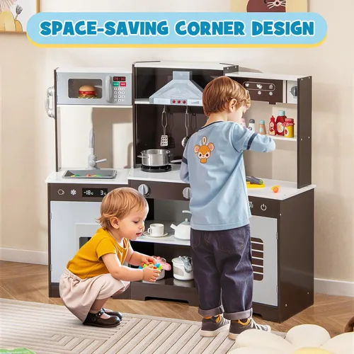 Miniatura 8 de Costzon Juego de cocina esquinera para niños, juego de cocina de juguete de madera con campana extractora de luces y sonidos, máquina de hielo