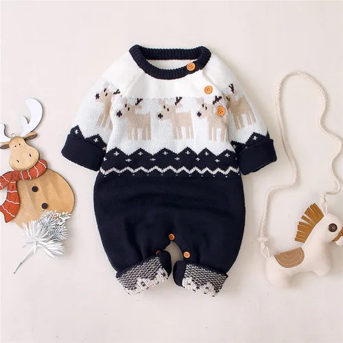 Miniatura 3 de Gueuusu Conjunto unisex de Navidad con estampado de dibujos animados, manga larga, suéter de punto, overol cálido para invierno