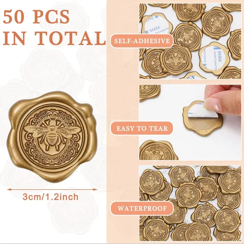 Miniatura 2 de Whaline 50 calcomanías de sello de cera, autoadhesivas 3D de abeja dorada, calcomanías en relieve para Navidad, tarjetas de invitación