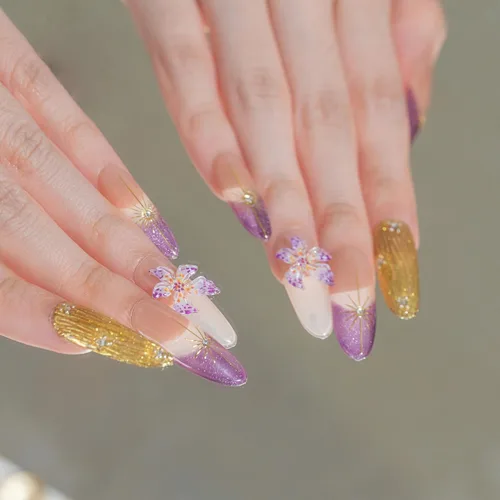 Miniatura 30 de Sun&Beam Nails Uñas a presión hechas a mano medianas con diseño de concha rosa metálica con acabado brillante, 10 piezas para uso diario y ocasiones