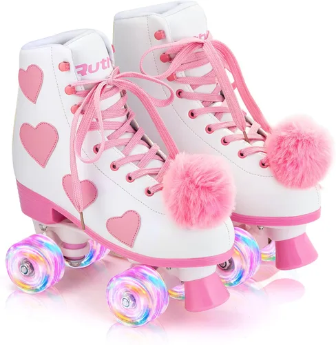 Miniatura 2 de Ruthfot Patines clásicos para mujeres y niñas con ruedas iluminadas y patrón de corazón de amor, patines de cuero PU de caña alta.. Blanco