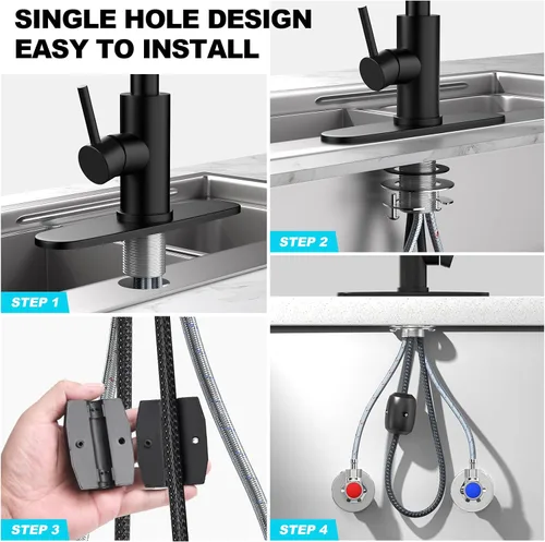 Miniatura 9 de AVSIILE Grifos de cocina en cascada de color negro mate con rociador desplegable y dispensador de jabón, un solo orificio y mango, grifo extraíble