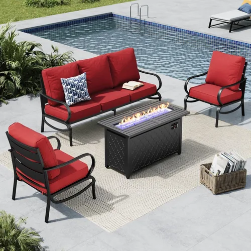 Miniatura 23 de MFSTUDIO Juego de muebles de patio de 6 piezas con mesa de fogata de gas de 45 pulgadas (hasta 7 asientos), sofás de conversación de patio con marco