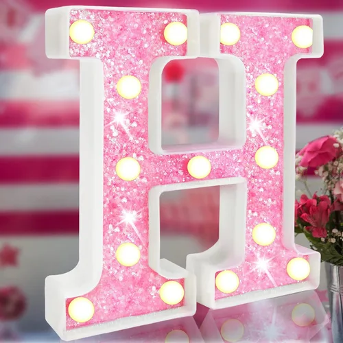 Miniatura 24 de Letras rosas iluminadas, letras del alfabeto con purpurina, letras LED de marquesina, que funcionan con pilas, para iluminar por la noche