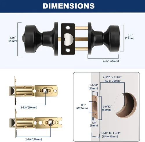 Miniatura 2 de Orger Paquete de 1 pomo de puerta interior negro mate, perilla de puerta de privacidad reversible con cerradura, pomo redondo sin llave para baño